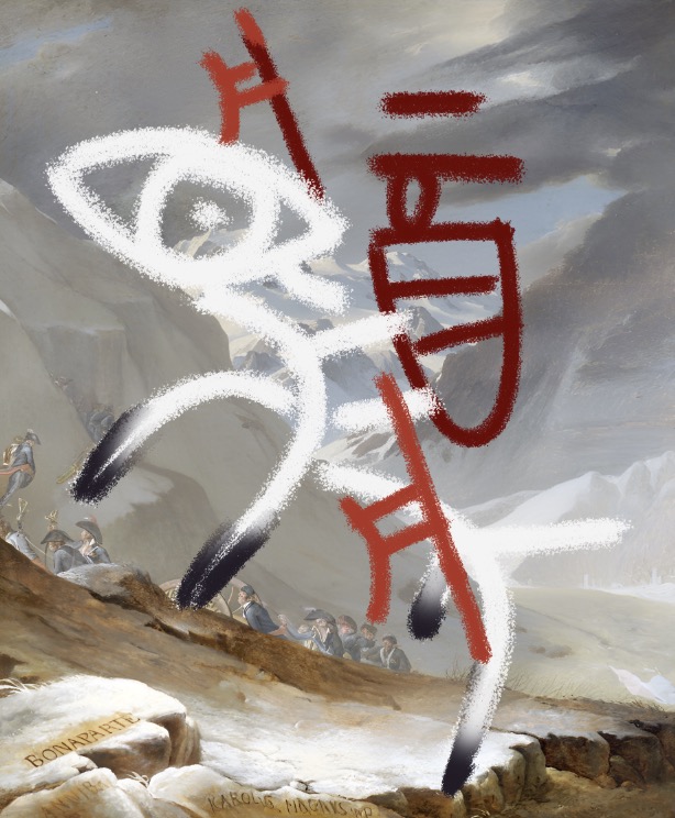 Oracle bone characters painted over Napoleon Crossing the Alps
